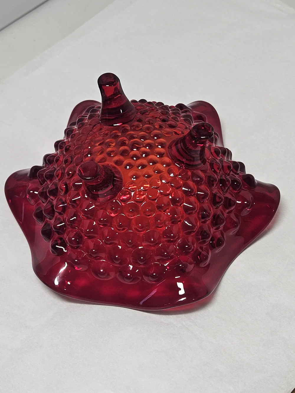 Vintage Viking Art Glass Ruby  Red Hobnail Ruffled Edge  Decorative Bowl Dish